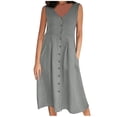 thumbnail image 4 of BiZtdJrK Robe Longue d'Été en Coton et Lin pour Femme, Boutonnée, Fluide, Vacances Plage, Robes Soleil, Couleur Unie, Col Ras du Cou, Maxi avec Poches, Gris, P, 4 of 8
