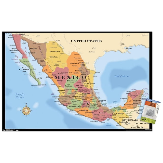 Carte - Affiche Murale du Mexique, 22,375 Po x 34 Po Encadrée Montrant une Carte Politique Détaillée du Mexique avec des États Codés par Couleur et des Villes Étiquetées Majeures, Bordée par les États-Unis, l'Océan Pacifique et le Golfe du Mexique, Présentant une rose des Boussoles et un Petit Encadré de Punaises, Convient à la Décoration Intérieure et à l'Usage Éducatif.