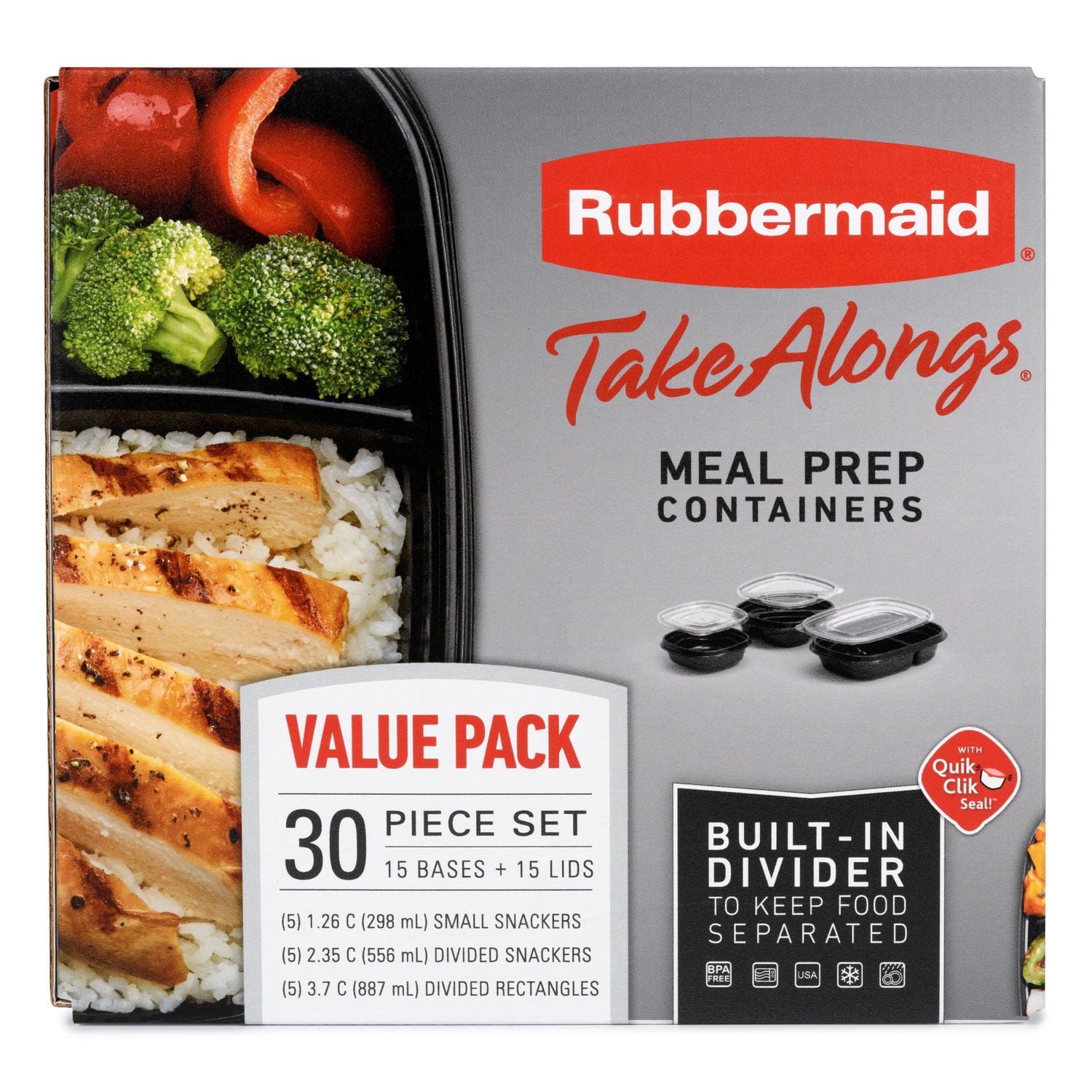 Rubbermaid TakeAlongs Food Storage Containers with Divided Base, 30 Piece Set
