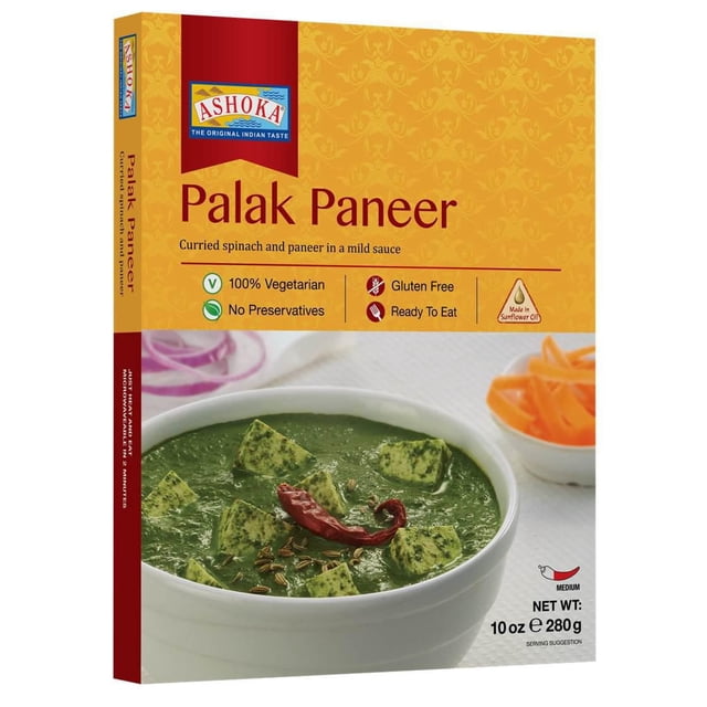 Prêt à Manger - Palak Paneer avec Épinards au Cari et cubes de Paneer dans une sauce Verte Douce Servis dans un Bol Blanc, Garnis de Graines de Piment Rouge Séchées et de cumin. notes d'Emballage 100 % Végétarien, Sans Gluten, Sans Agents de Conservation, Fait avec de l'Huile de Tournesol, Poids net 10 oz (280 g). Souvent Utilisé comme Repas Indien Rapide Ou Accompagnement avec naan et chapati.