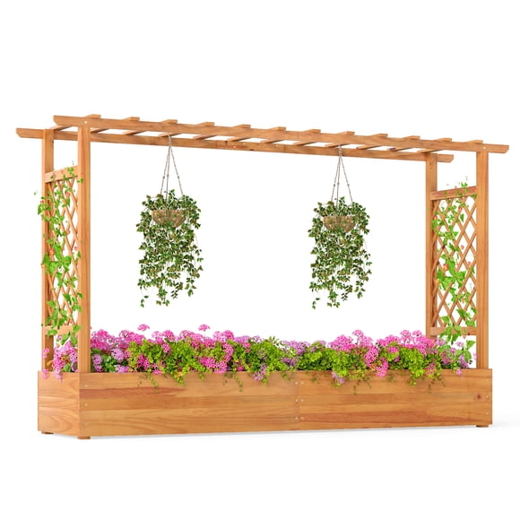 Costway 1 PCS Jardinière Surélevée de 45 Pouces avec Treillis avec Toit Suspendu, 2 Treillis Latéraux pour Fleurs