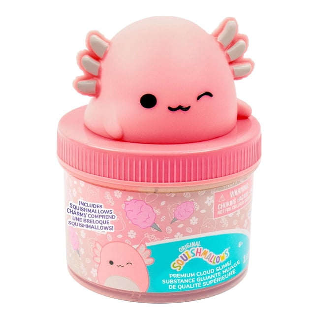 Original Squishmallows™ Archie the Axolotl Premium Cloud Slime in a pink resealable jar topped with a winking pink axolotl charm, containing 8 oz. of cotton candy-scented two-toned pink and cream slime with holographic teal glitter, suitable for sensory and stress-relief play.