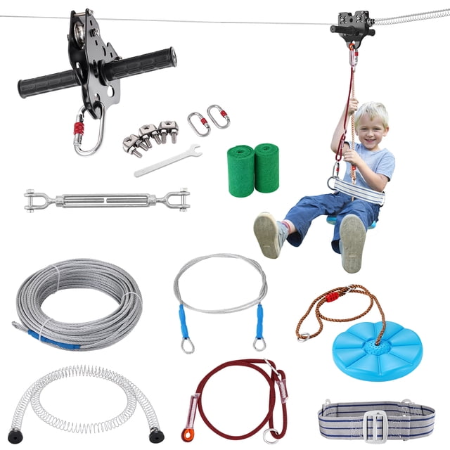 SKYSHALO Zip Line Combo, 80 ft stainless steel cable with spring brake system, safety gear, and seat. Includes anti-slip handles, safety harnesses, and installation tools. Ideal for outdoor play and swing set accessories, supporting up to 500 lbs for backyard fun for kids and adults.