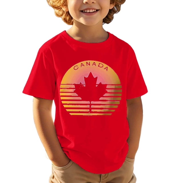 T-Shirts de la Fête du Canada Filles Drapeau Canadien Col Rond Manches Courtes T-Shirt Filles Fête Nationale Feuille d'Érable Imprimé Décontracté Fête du Canada T-Shirt Graphique Filles