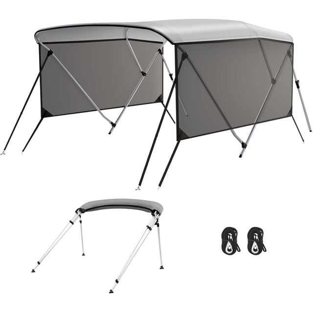 BeesClover Bimini Top Cover, 3 Bow Bimini Tops with Mesh Sidewalls, Boat Shades Canopy, with Support Poles, 2 Straps, 2 Rear Support Poles, 1 Inch Aluminum Frame