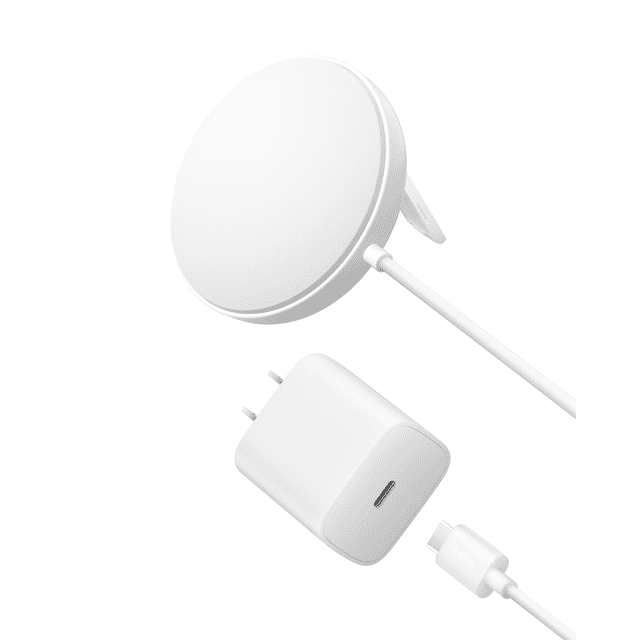 Belkin BoostCharge Qi2 Pro Magnetic Wireless Charging Pad in white with 6.6 ft tethered USB-C cable and 20W power adapter, featuring 15W fast wireless charging, snap-on magnetic alignment, MagSafe compatibility, and suitable for charging smartphones and AirPods.