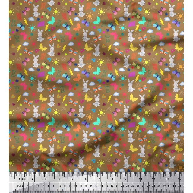 Soimoi Brown Georgette Viscose Fabric Sun,Insect & Rabbit Cartoon Printed Fabric 1 Yard 42 Inch Wide