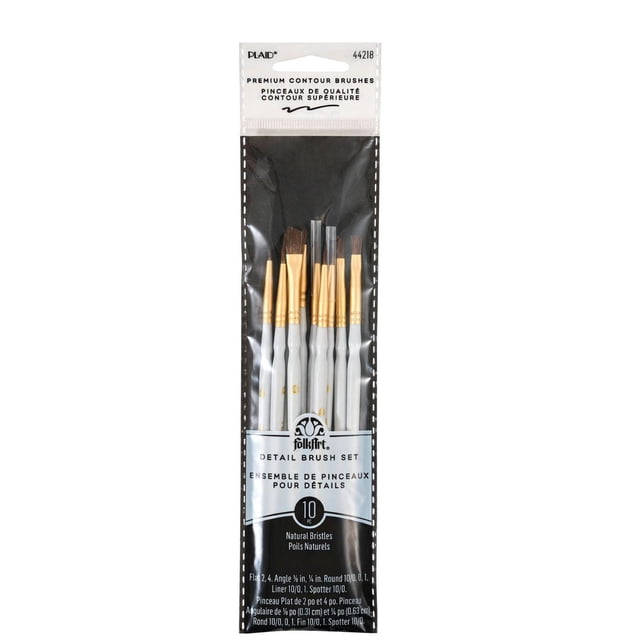 FolkArt 10 Piece Detail Paint Brush Set with natural bristles and white handles, including flat, angle, round, liner, and spotter brushes for precise art painting projects, displayed in clear plastic packaging with black backing and product label.