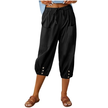 Cameland Pantalon Capri pour Femmes Décontracté Taille Haute à Cordon en Coton et Lin Pantalon Capri avec Poches Pantalon Court
