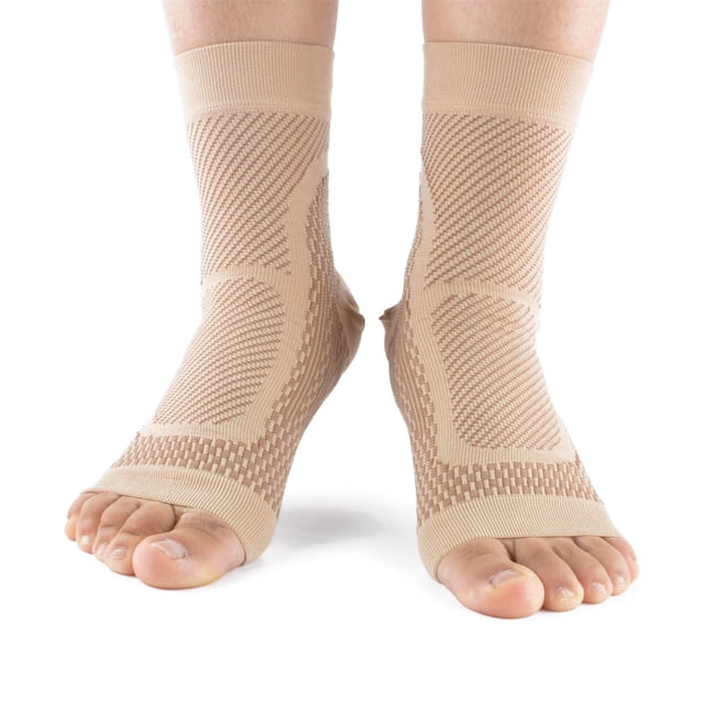 TopLLC Orthopaedic Compression Socks for foot compression and ankle support, shown in beige with an open-toe design. Made from breathable nylon and elastic spandex, these socks relieve plantar fasciitis, Achilles tendonitis, and foot pain. Featuring a snug heel and compact tip for secure fit, they reduce muscle vibration during activities like running, hiking, or sports. Ideal as ankle compression sleeves for fitness and recovery.