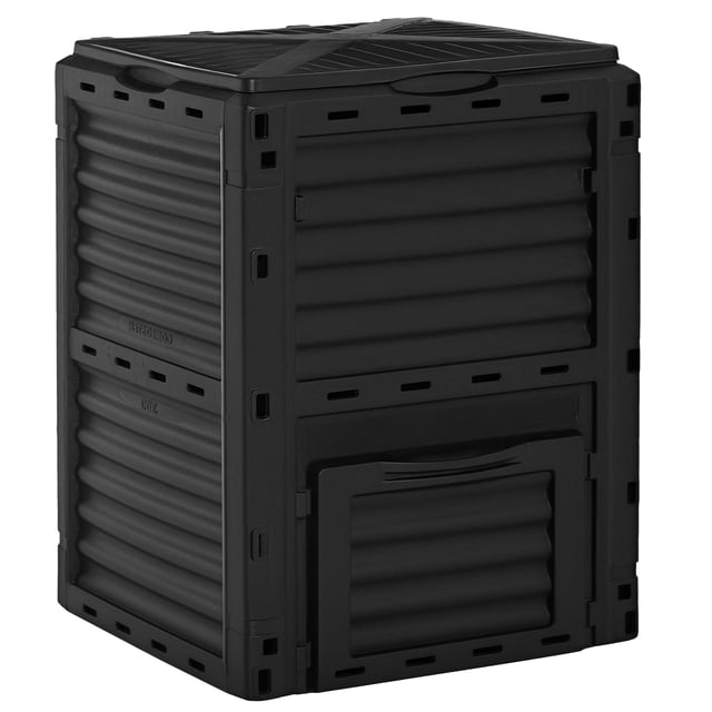 Outsunny Garden Compost Bin Large Outdoor Compost Container 80 Gallon Fast Creation of Fertile Soil Aerating Compost Box, Easy Assembly, Black. Front view of black PP 80 Gallon (300 L) square compost bin for backyard composting with latch-on lid, top loading and easy-to-open bottom hatch (15.4"×11.4") to release finished material; visible ventilation panels, overall 23.8"×23.8"×32.1" (60.5×60.5×81.5 cm). Often used as temporary yard-waste storage during garden cleanup.