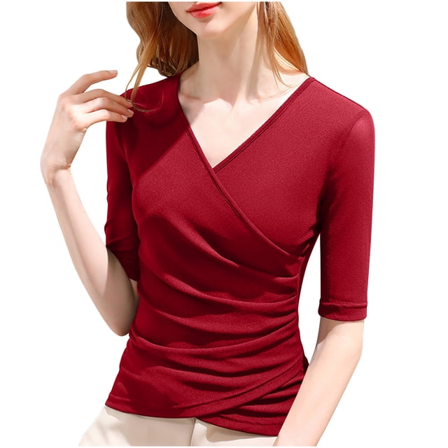 Wrap Tops for Women Ruched V Neck Slim Fitted Half Sleeve Business Casual Work T Shirts Blouse