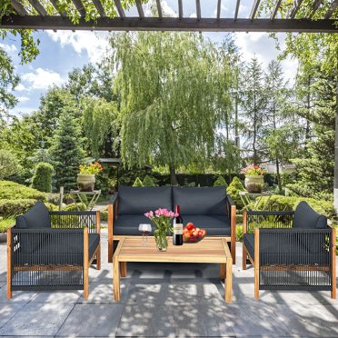 Gymax 4PCS Acacia Wood Outdoor Patio Furniture Set Cushioned Sofa W/Nylon Rope Armrest