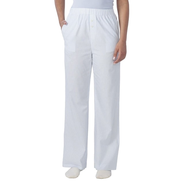 Secret Sleep Classic Poplin Pant in light blue and white thin vertical stripes, featuring a relaxed fit with elastic waistband, side pockets, and faux button detail, made of breathable 100% cotton poplin fabric, ideal for comfortable sleepwear or casual loungewear.