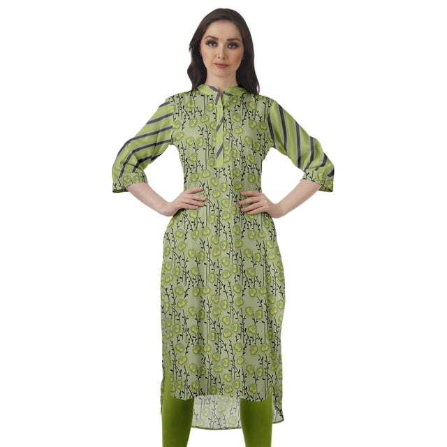 Moomaya Printed Straight Hem Kurta Tunic For Women Mandarin Collar Kurti Summer Wear