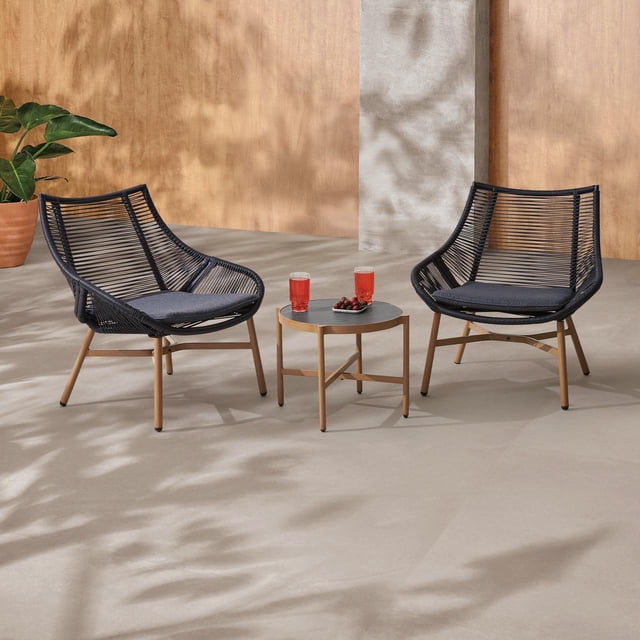 HOMETRENDS Skyler 3-Piece Steel Outdoor Chat Set with Cushions, Black