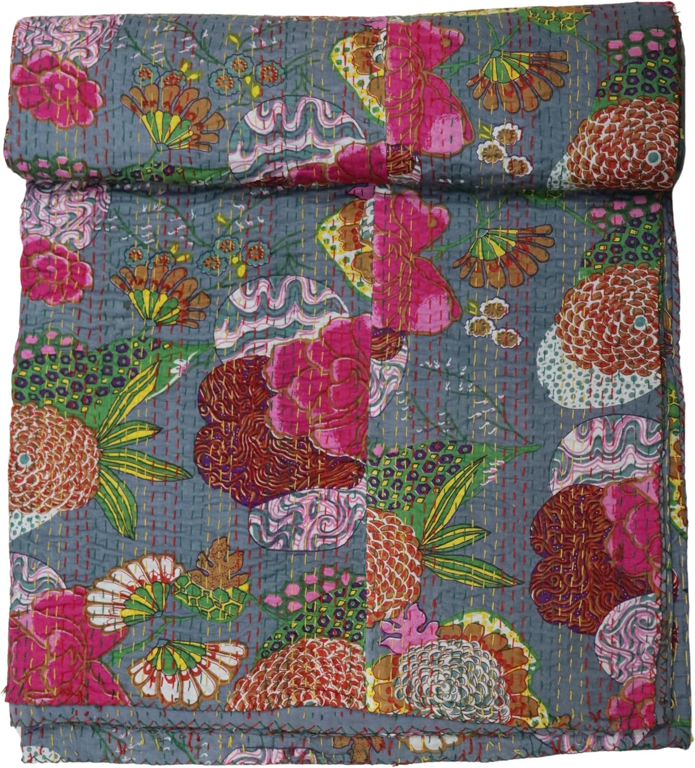 Courtepointe Kantha Indienne Faite à la Main à Imprimé Floral, Couvre-Lit, Couverture Format ( Simple 60 Pouces x 90 Pouces )