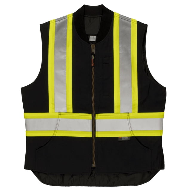 Duck Gilet de Sécurité en Noir 100 % Coton de Qualité Supérieure 10 oz Duck avec Doublure Matelassée en polyester, Scotchlite Réfléchissant 3 m 4 Pouces Matériau à Rayures Jaunes à l'Avant et à l'Arrière, Col en Tricot Côtelé et inserts Latéraux, Fermeture Éclair en nylon Robuste, Poches Intérieures et Poitrine pour la Sécurité et le Confort en Tenue de Travail.