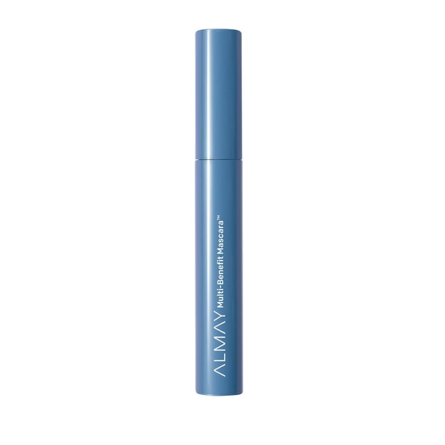 Almay Multi-Benefit Mascara, Keratin Infused, in a blue cylindrical tube with white vertical branding, delivers volume, length, definition, and conditioning benefits, hypoallergenic and suitable for sensitive eyes and contact lens wearers.