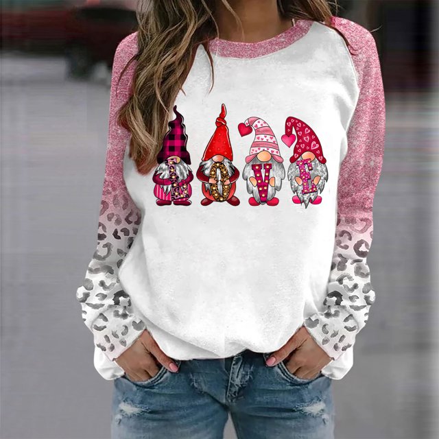 Qertyioot T-Shirt Graphique pour Femmes de la Saint-Valentin à Manches Longues, Blouse Imprimée à Col Rond, Tunique Décontractée