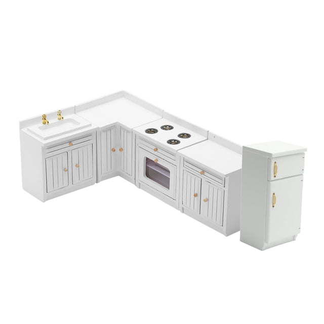 MERIGLARE 1/12 Maison de Poupée Mini Meubles Ensemble de Cuisine Table de Cuisson Armoire Modèle pour 3+ Blanc