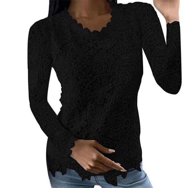 Hauts Habillés pour Femmes Blouse Ajustée en Dentelle Col Rond Couleur Unie Hauts à Manches Longues Décontractés Tunique Élégante Hauts d'Automne pour Femmes Blanc S