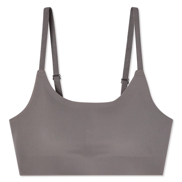 George Girls' Bonded Bralette in grey microfibre knit with a round neckline, adjustable spaghetti straps, and removable pads for a customizable fit, suitable for layering under casual tees and dresses for everyday comfort.