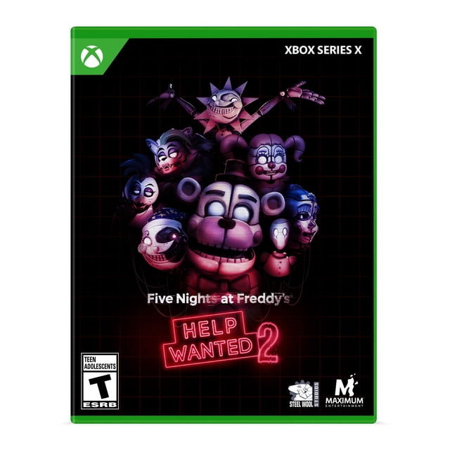Five Nights at Freddy's : Help Wanted 2 Housse de Jeu Xbox Series X Mettant en Vedette un Groupe de Personnages Animatroniques aux Yeux Lumineux sur un Fond à Grille Noire, Mettant en Valeur des Thèmes d'Horreur et de Jeux d'Arcade, avec le Titre en Texte Blanc et Rouge Néon Ci-Dessous.