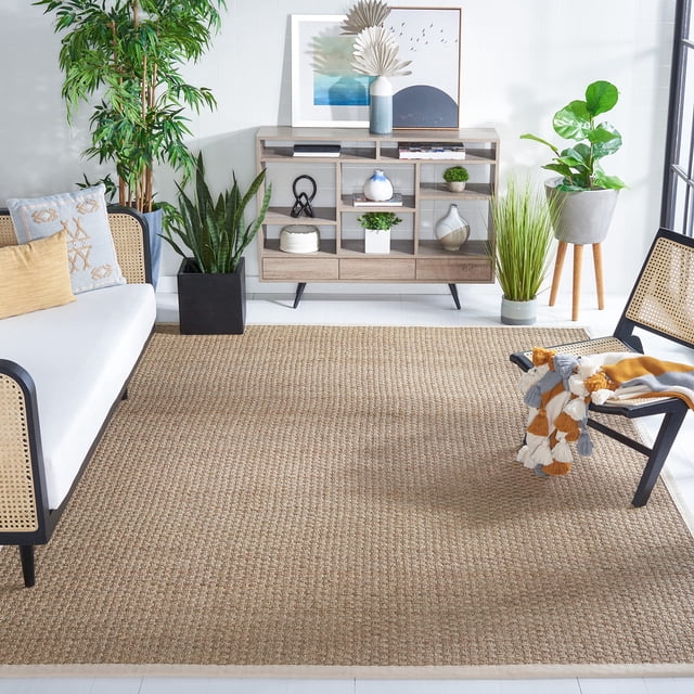 SAFAVIEH Natural Fiber Collection 7' Square Ivory NF114J Border Basketweave Seagrass Area Rug