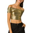 thumbnail image 1 of INSPIRE CHIC Women's Metallic Shiny Party Off Shoulder Crop Top, 1 of 6