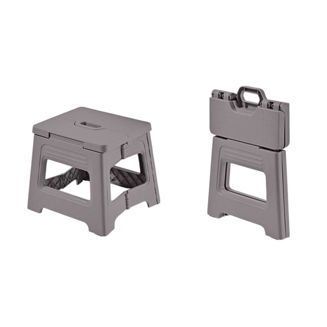 Portable folding stool made of grey plastic, shown in both unfolded and folded positions. The stool features a wide seat, anti-slip pads on the legs, and a compact, lightweight design. Ideal for outdoor activities like camping or picnics, as well as indoor use in bathrooms. Dimensions are 20.5 cm x 14.5 cm (8 x 5.7 in) with a gross weight of 56g (0.123 lb).