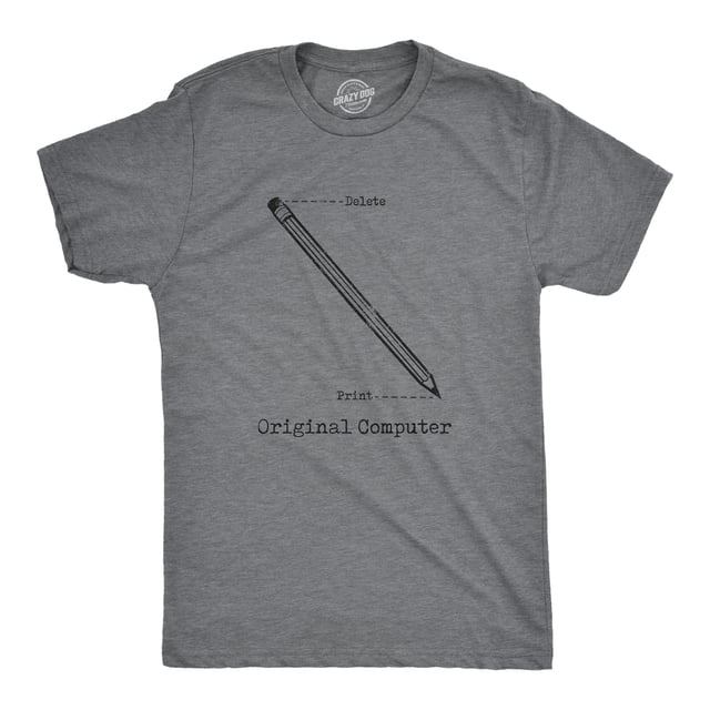 Mens Original Computer T Shirt Funny Pencil Eraser Analog Joke Tee for Guys (Dark Heather Grey - COMPUTER) - M