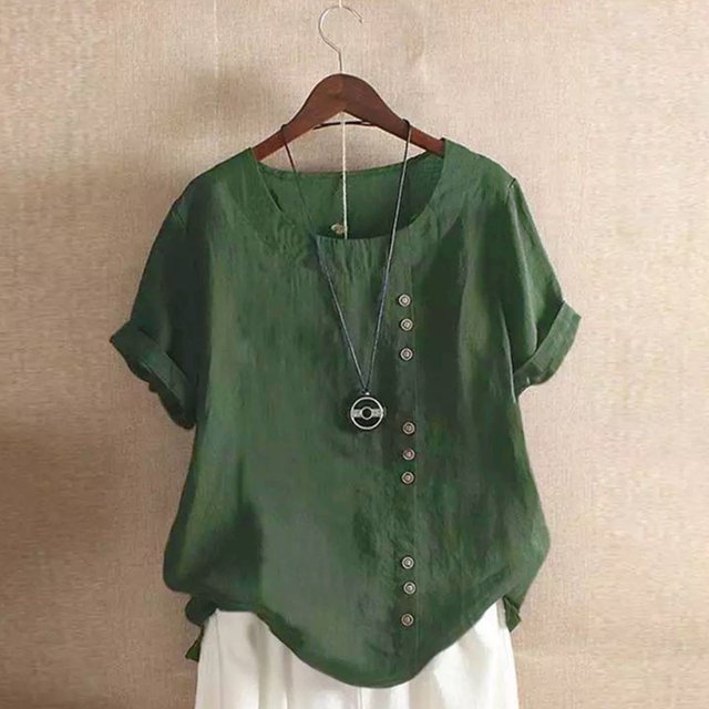 LSLJS Womens T Shirts Womens Summer Casual Solid Color Round Neck Short Sleeve Tops Buttons Blouses