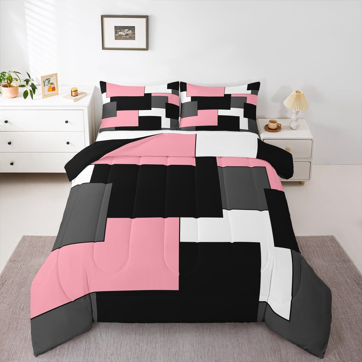 Erosebridal Ensembles de Literie Géométriques Roses Double avec Couette, Insert de Couette Rectangulaire Chic, Ensembles de Couette Réversibles Mode Moderne Taille Double, Super Douillet Décoratif pour la Chambre, 3 Pcs