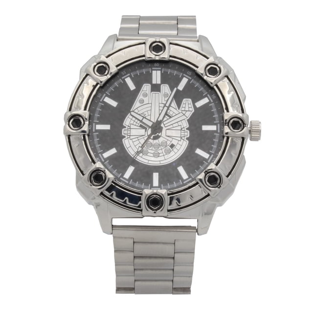 Adult Star Wars Silver Metal Bracelet Watch with a 50mm silver metal case, black bezel accents, push button safety clasp, black dial featuring the Millennium Falcon graphic, black hands, quartz movement, and a silver metal link bracelet suitable for everyday analog wear.