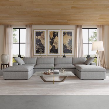 Sodrens Canapé Sectionnel Convertible Libre Canapé Modulaire, Canapé Moderne en Tissu de Lin en Forme de U pour Salon, Appartement et Petit Espace, Canapé 4 Places avec Deux Ottomans, Gris Pâle