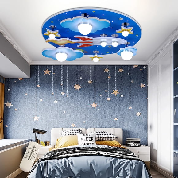 FFanhia Kids Room Creative LED Ceiling Lamp Modern Star Rocket Ceiling Light Adjustable Colour Temperature Blue Cartoon Star Ceiling Light for Childrens Room Bedroom