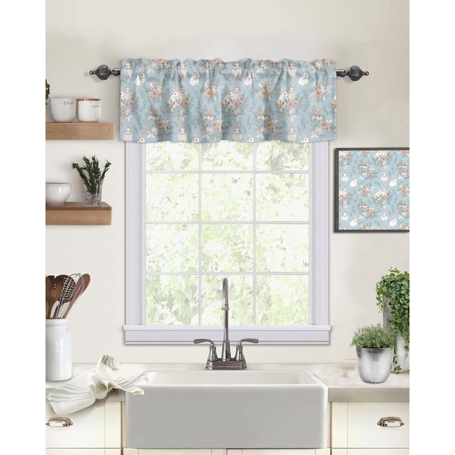Easter Decor Valances Kitchen Curtains for Windows, Easter Bunny Rabbits Vintage Flowers Spring Holiday Rod Pocket Valances Blue Short Curtains for Bedroom/Living Room,54" X 18" -1 Panel