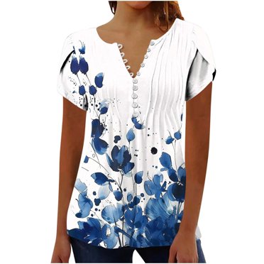 breaise T-shirts Tuniques pour Femmes à Manches Courtes, Plissés, Boutonnés, Col en V, Hauts Décontractés et Habillés, Haut d'Été, Chemisiers Chemises de Travail Business, P-2TG Sans frais de transport