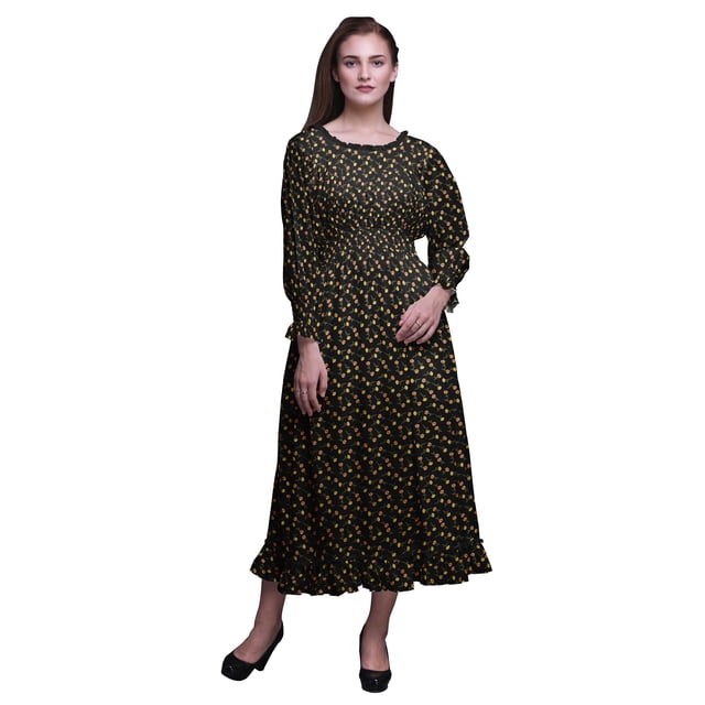 Bimba Robe de Plage Longue Maxi d'Été Bohème Gitane à Imprimé Floral pour Femmes, Smockée - Très Petit