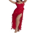 thumbnail image 2 of Women High Side Split Mesh Sheer Long Dress Sleeveless Ruffles Strappy Irregular Hem Cocktail Midi Dresses Red M, 2 of 8