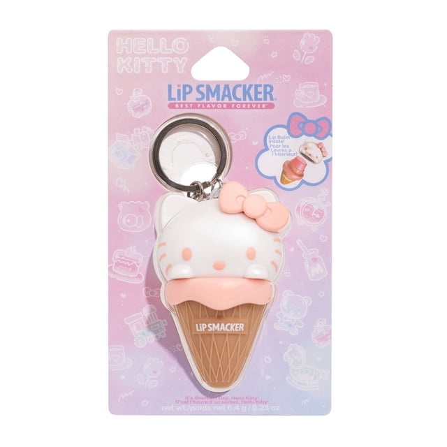 Hello Kitty Ice Cream Cone Lip Balm - It's Sherbert Day, Hello Kitty! front-facing close-up of a novelty lip balm shaped like an ice cream cone with a Hello Kitty topper; swirled sherbet-colored balm visible at the top, plastic cone base with waffle texture and printed Hello Kitty face and bow; described as sherbert flavor with moisturizing nutrients, often kept as a small collectible or carried in a purse.