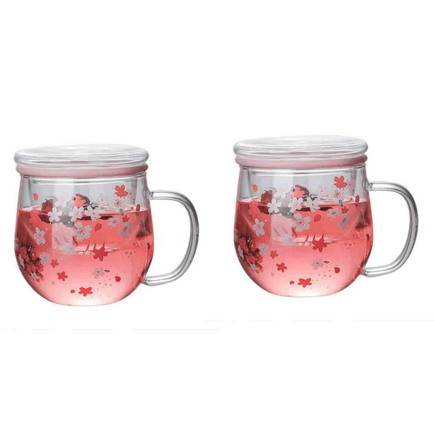 2X Sakura Mug Glass Mug with Tea Infuser Filter&Lid Cherry