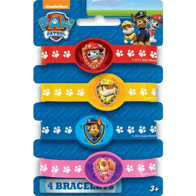 Pat' Patrouille Bracelets Extensibles, Ensemble de 4 Unités avec Élastiques Rouges, Jaunes, Bleus et Roses Présentant des Empreintes de Pattes Blanches et des Emblèmes Centraux de Personnages Marshall, Rubble, Chase, et Skye sur un Endos en Carton Embossé Bleu avec le logo Pat' Patrouille, Convient comme Cadeaux de Fête pour Enfants.