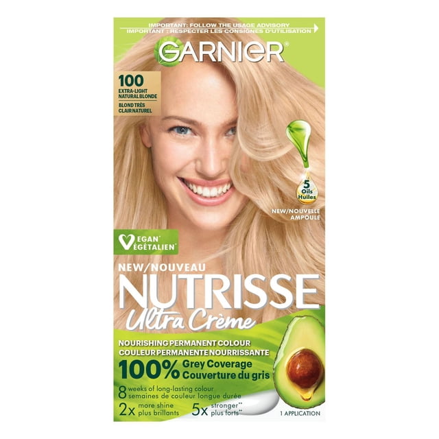 Garnier Nutrisse Teinture Capillaire Permanente Ultra Crème Teinte 100 Blond Naturel Extra Clair avec un Mélange Nourrissant d'Huiles d'Avocat, d'Argan, de Noix de Coco, d'Olive et de Karité pour une Couverture de 100 % des Cheveux Gris, une Couleur Longue Durée jusqu'à 8 Semaines et une Brillance et une Force Accrues en une application.