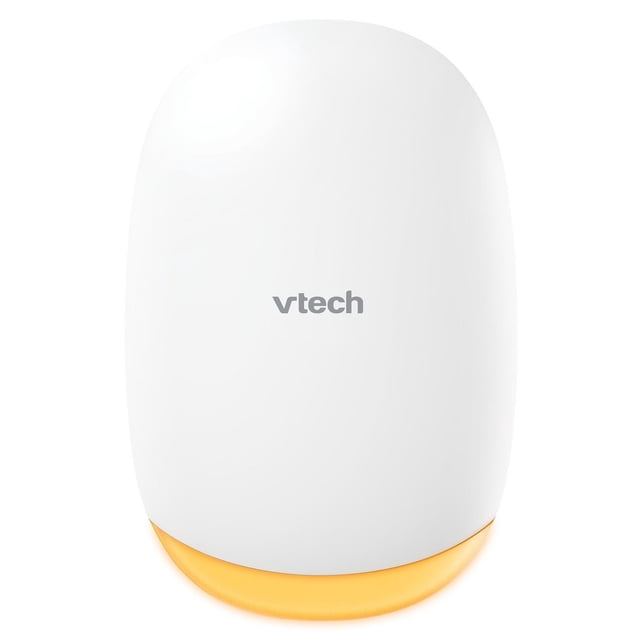 VTech BC8611 V-Hush™ Rocker Sound & Motion Stroller Soother in white with amber night light at base, smooth rounded shape, and VTech logo, designed for gentle rocking motion and soothing sounds to help babies sleep.
