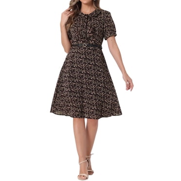 INSPIRE CHIC Women's Vintage Dress Floral Print Peter Pan Collar Knee Length Casual Dress XL Brown