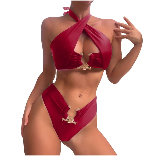 EGNMCR Bikini Set Women's Split Body Halter High Waist Solid Bikinis Sets