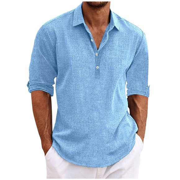 hotojiny Mens Cotton Linen Henley Shirts 2025 Fall Long Sleeve Yoga Summer Tops Casual Button Collared Beach Vaction T-Shirt