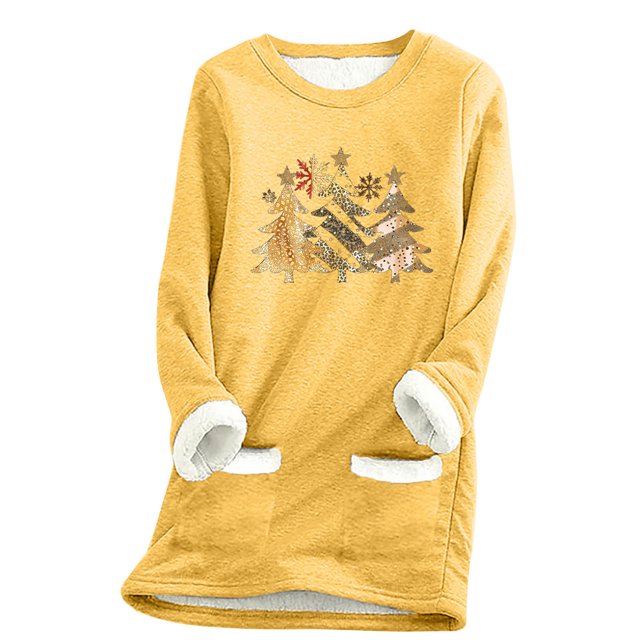 Pisexur Chandails Molletonnés Doublés pour Femmes, Col Rond de Noël, Manches Longues, Chandail Chaud d'Hiver Surdimensionné, Haut à Enfiler Imprimé Arbre de Noël avec Poches